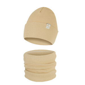 Komplet Wywijana Czapka i Komin Jednowarstwowy Beżowy