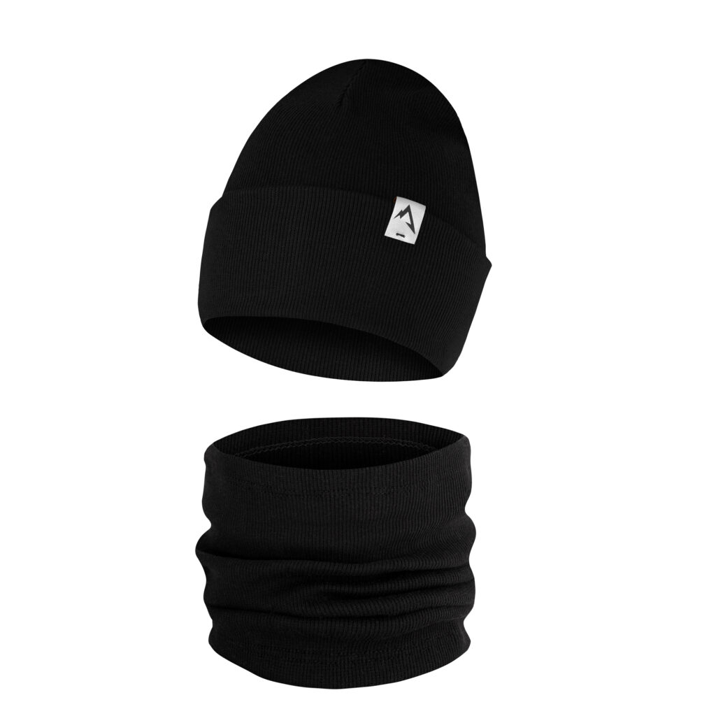 Komplet Wywijana Czapka i Komin Jednowarstwowy Czarny Czapki jesienne dla chłopca 2 latka