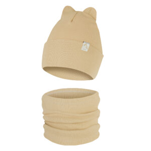 Czapka Dziecięca z Uszkami i Komin Komplet Jednowarstwowy Beżowy