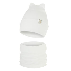 Czapka Dziecięca z Uszkami i Komin Komplet Jednowarstwowy Biały