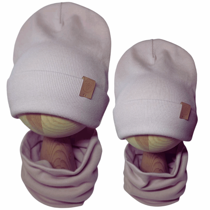 Komplet Dwuwarstwowy Podwijany Czapka i Komin brudny róż