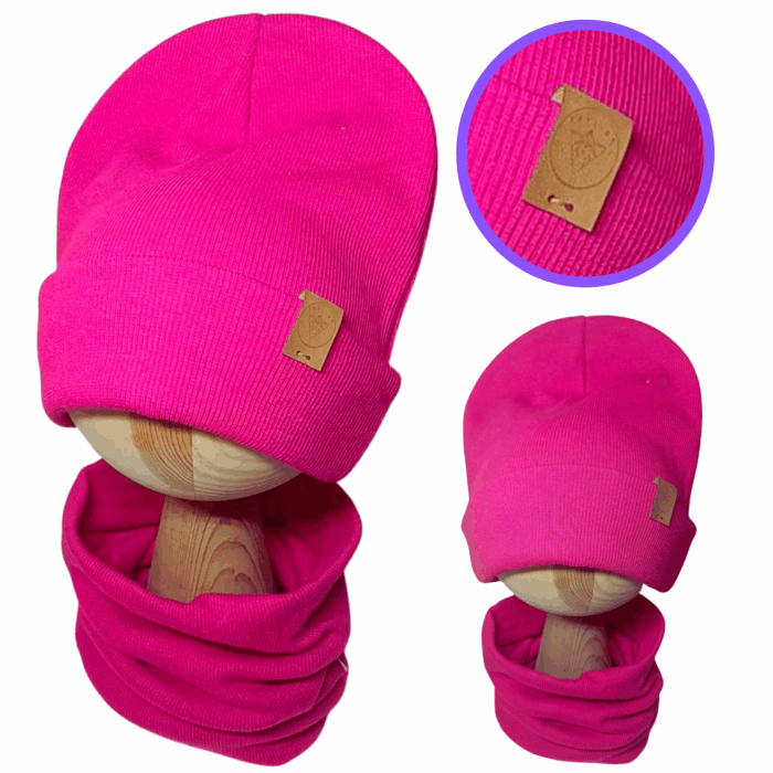 Komplet Dwuwarstwowy Podwijany Czapka i Komin Fuksja