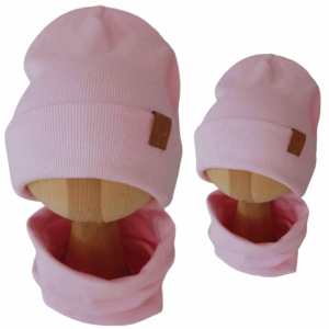 Komplet Dwuwarstwowy Podwijany Czapka i Komin Jasny Róż