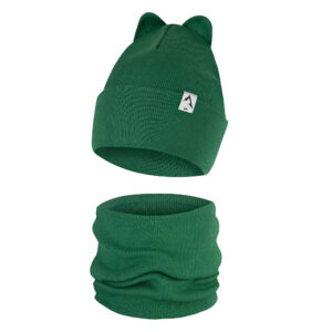 Czapka Dziecięca z Uszkami i Komin Komplet Jednowarstwowy Butelkowa Zieleń