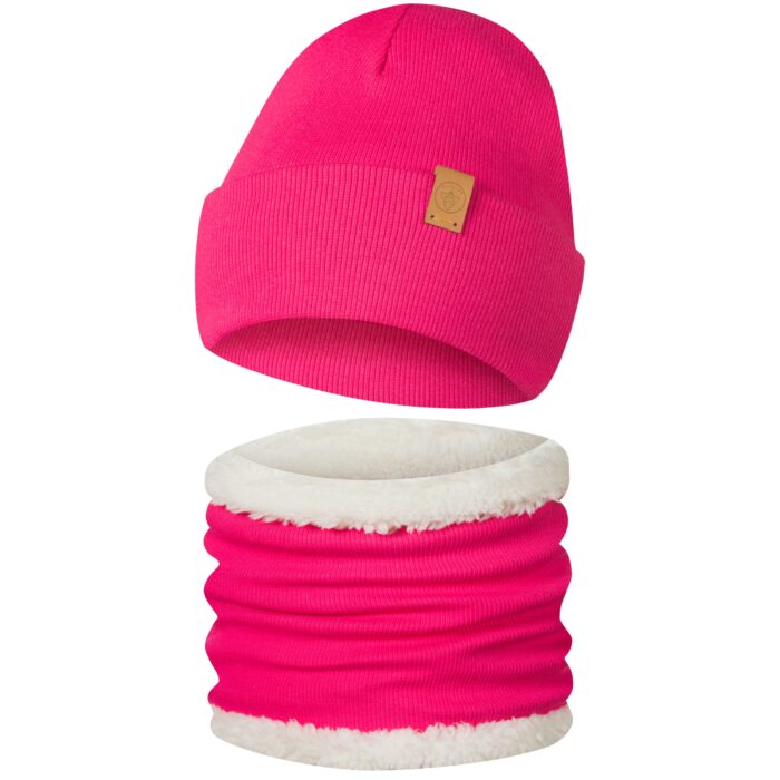 Only-Kids komplet Zimowy Czapka i Komin Miś Niebieski Fuksjowy