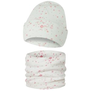 Komplet Czapka i Komin Dziecięcy Dwuwarstwowy Kwiatki Biały