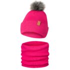 Komplet Zimowy Czapka Komin Dziecięcy z Pomponem Ciemny Róż