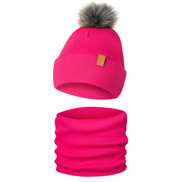 Komplet Zimowy Czapka Komin Dziecięcy z Pomponem Ciemny Róż