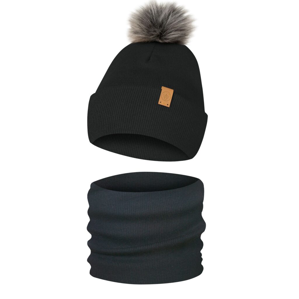 Komplet Zimowy Czapka Komin Dziecięcy z Pomponem Ciemny Czarny Czapki jesienne dla chłopca 2 latka