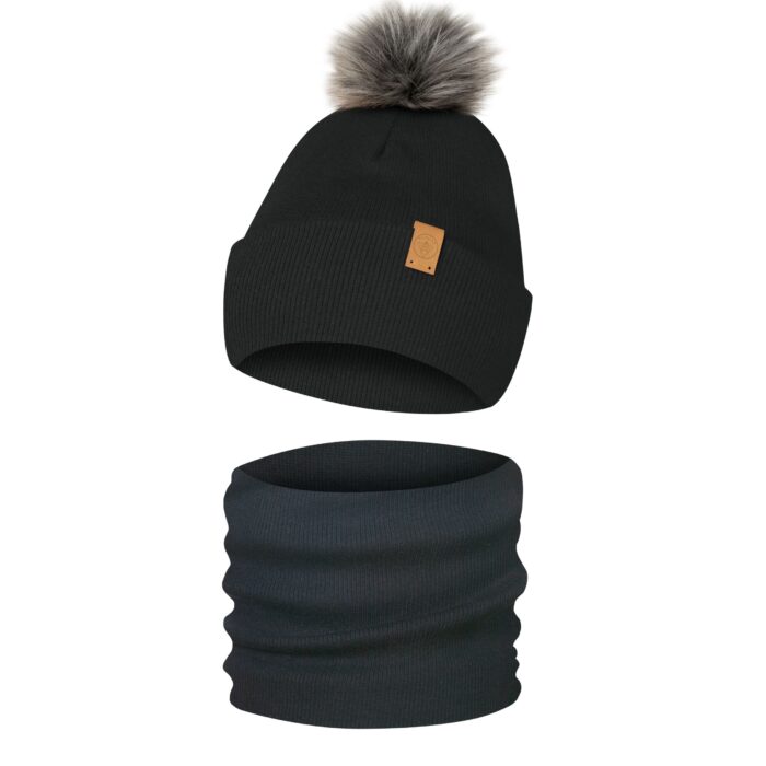 Komplet Zimowy Czapka Komin Dziecięcy z Pomponem Ciemny Czarny