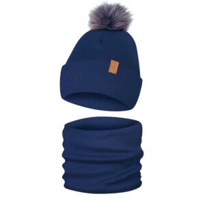 Komplet Zimowy Czapka Komin Dziecięcy z Pomponem Ciemny Granatowy