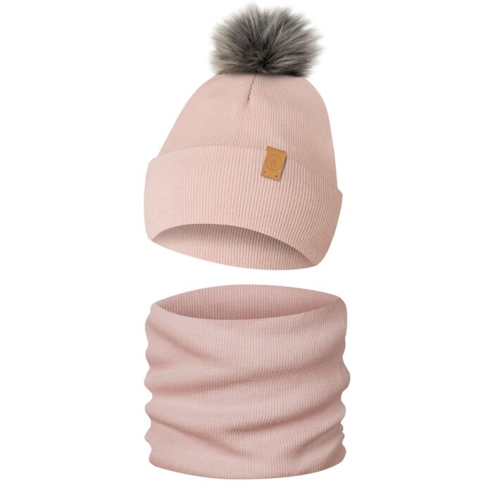 Komplet Zimowy Czapka Komin Dziecięcy z Pomponem Różowy