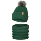 Komplet Zimowy Czapka Komin Dziecięcy z Pomponem Ciemny Zielony