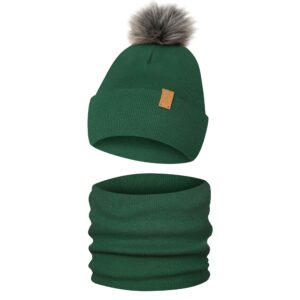 Komplet Zimowy Czapka Komin Dziecięcy z Pomponem Ciemny Zielony