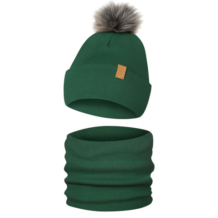 Komplet Zimowy Czapka Komin Dziecięcy z Pomponem Ciemny Zielony