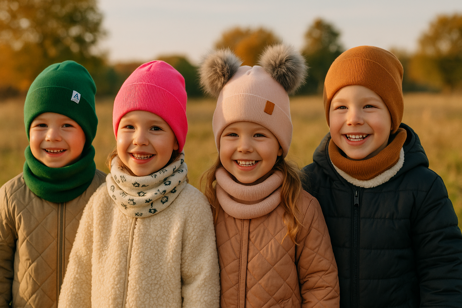 Czwórka uśmiechniętych dzieci w kolorowych czapkach i kominach z kolekcji Only-Kids.pl na tle jesiennego krajobrazu